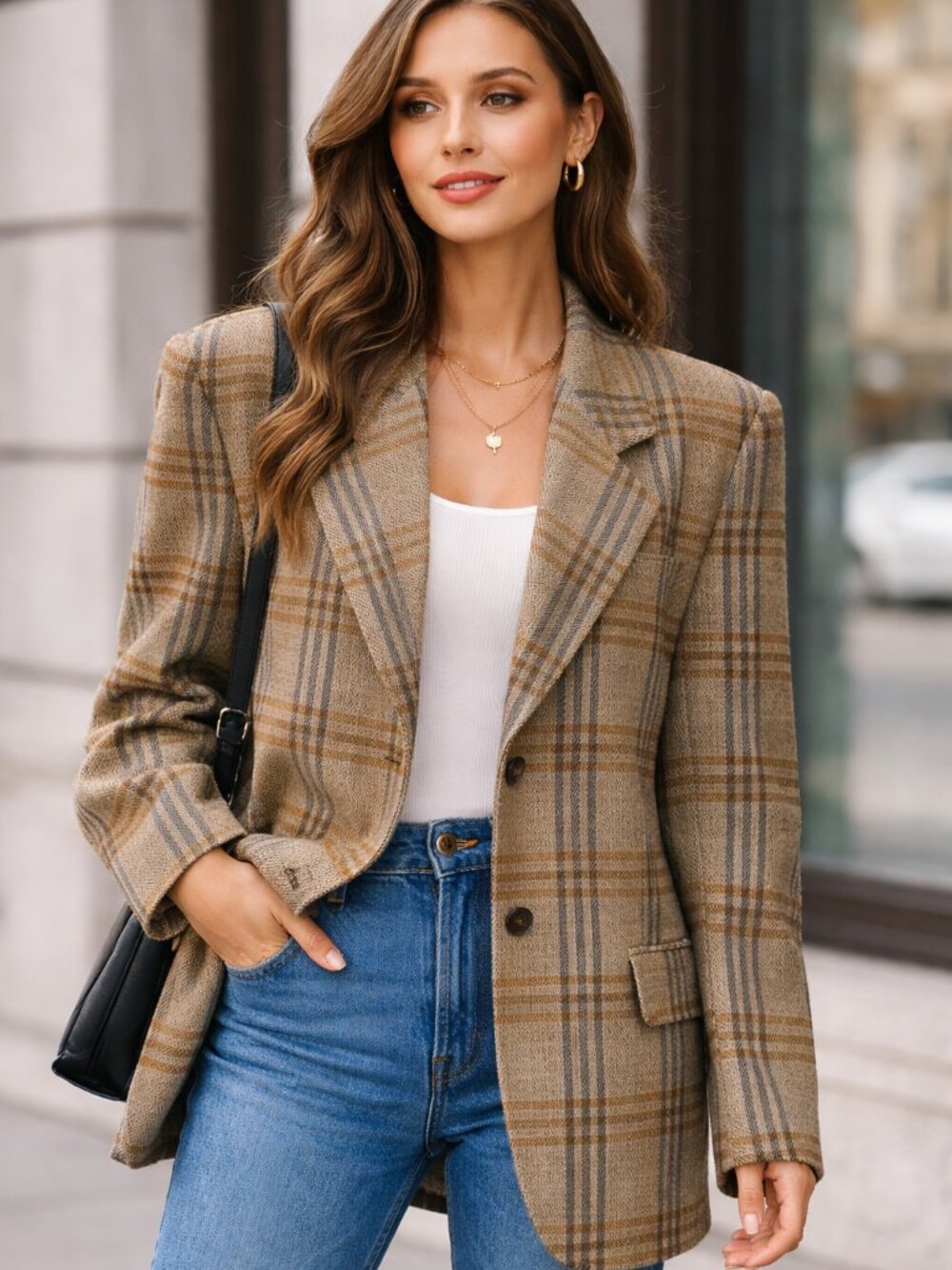 Carla Degen Vintage 90s Plaid Wool Blazer Jacket Career Chic EU 44